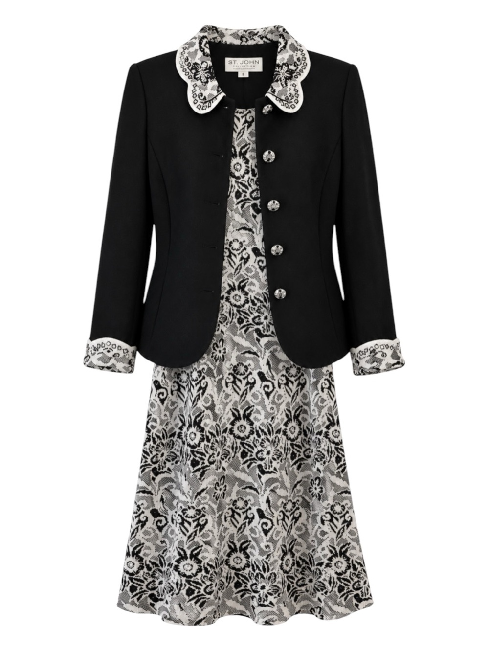 St John Evening Jacket Dress Set Womens 10 Black White Lace Knit Jeweled Set